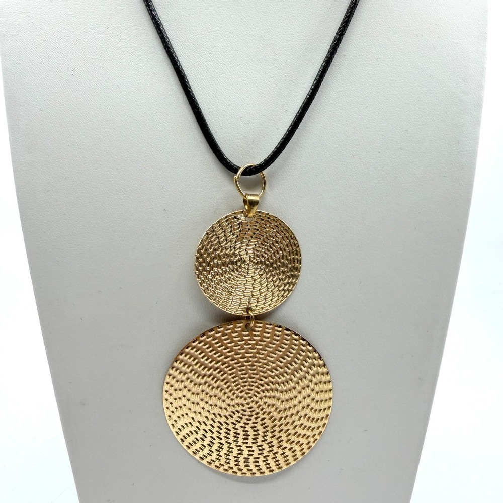 Gold Tone Double Disk Pendant Necklace Statement Boho Festival Jewelry Gift Idea